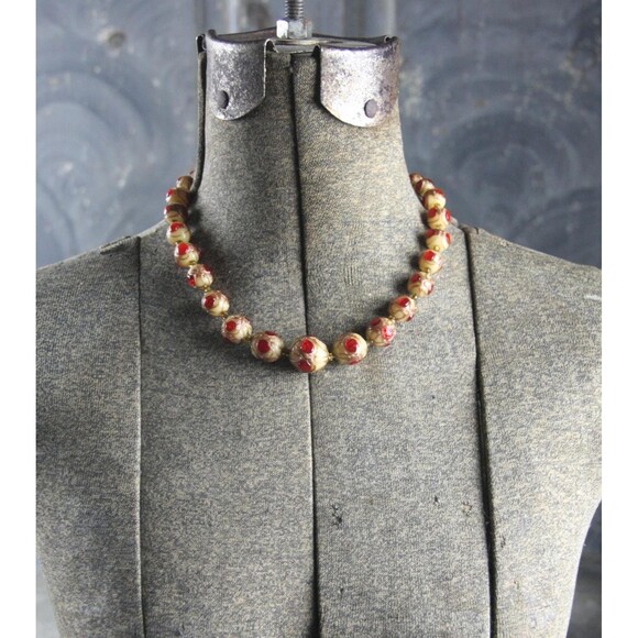 Gorgeous Old Italian Glass Red Eye Gold Embellished Bead Wedding Cake Necklace - Picture 3 of 5